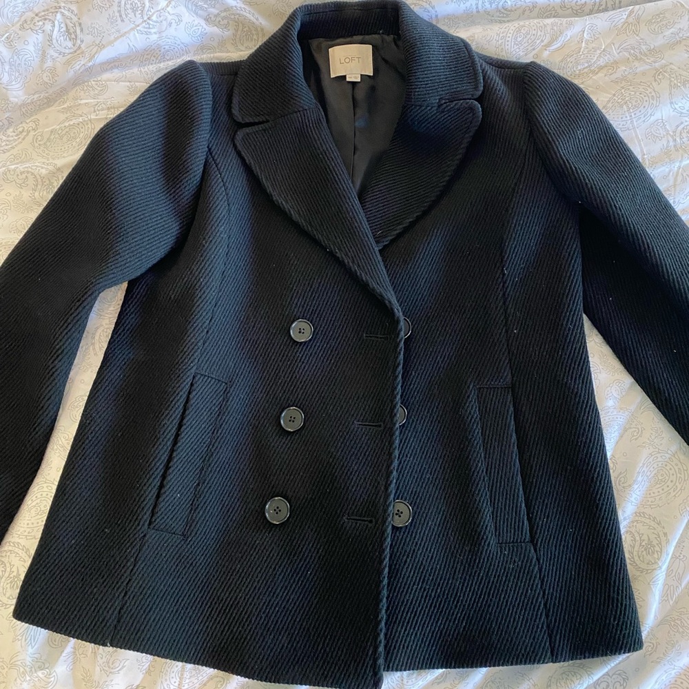 NWOT LOFT Maternity Wool Blend Twill Pea Coat - Black, Medium